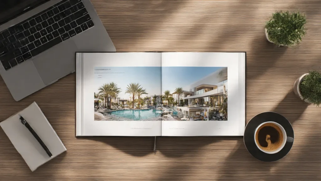 Narrative decks open coffee table book about a leisure destination project.