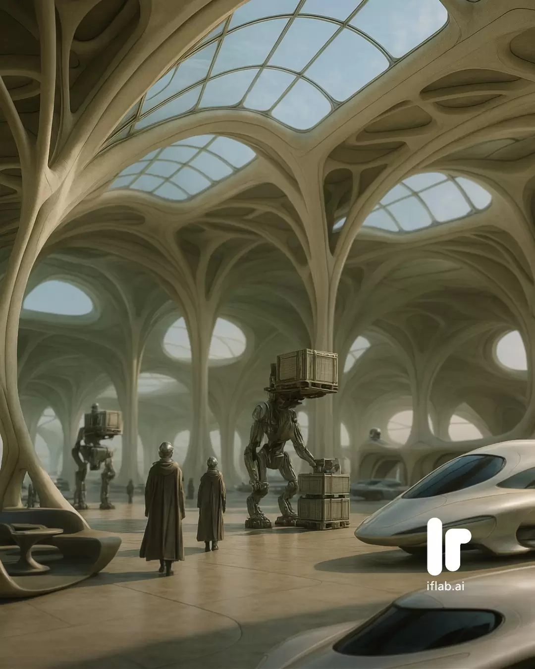 Futuristic atrium with AI-driven logistics robots beneath organic vaulted architecture