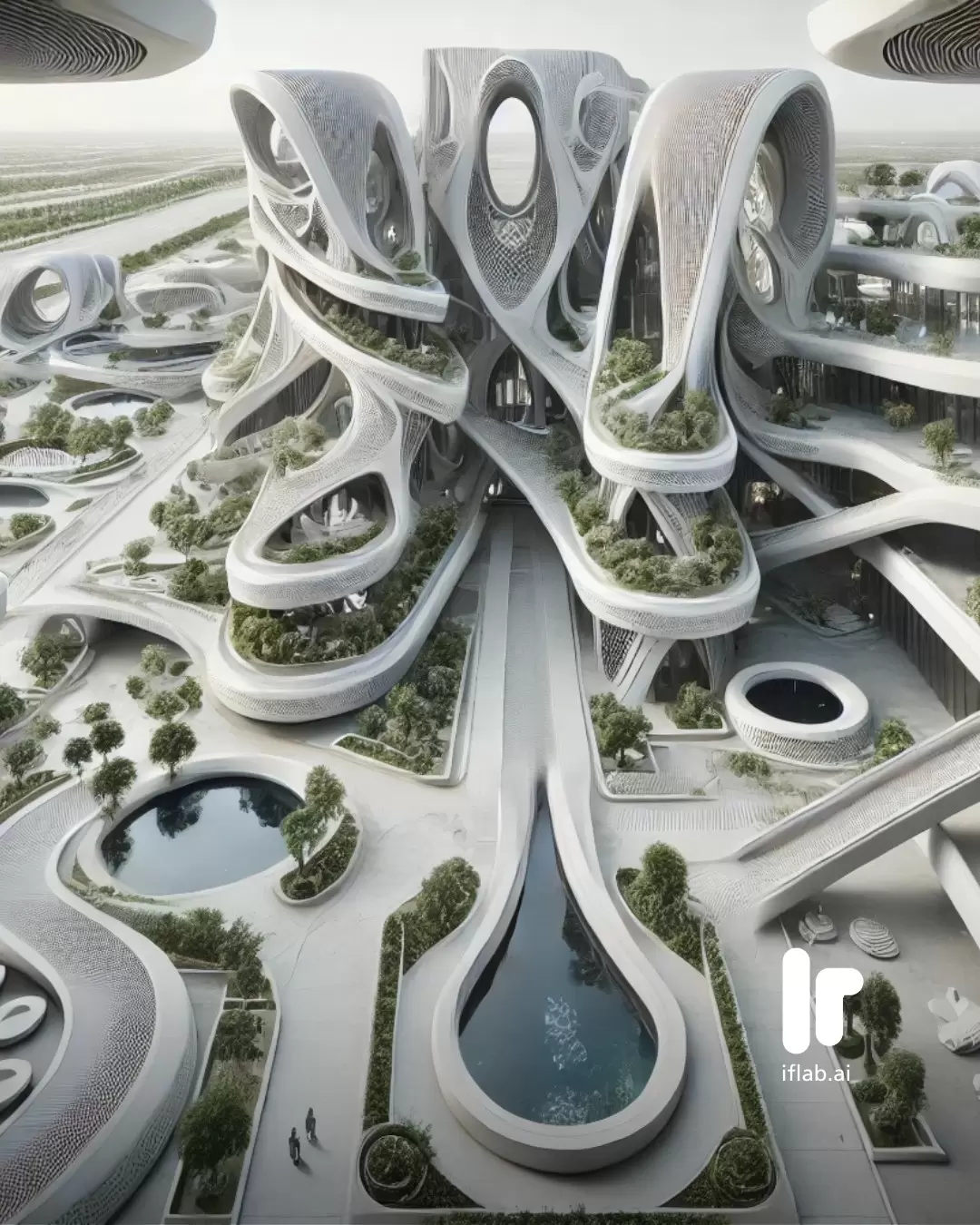 Futuristic cityscape of NEORA featuring fluid techno-organic buildings with luminous surfaces rising from a sculpted terrain under soft atmospheric light.