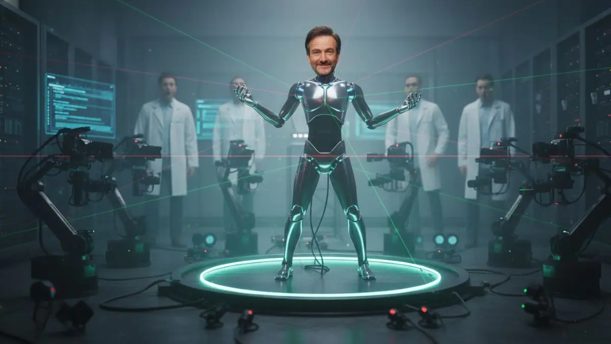 A humanoid robot performing in a softly lit lab demonstrates embodied artificial intelligence with a humanlike sense of humor and expression.