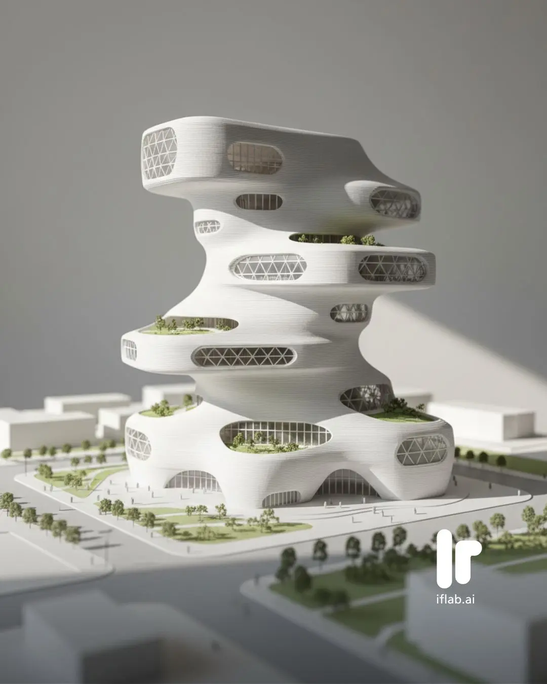 Stratapolis: Modernism Reimagined for the Space Age by IF Lab AI Philippines Perspective of Stratapolis, a printed concrete building representing modernism-reimagined through additive manufacturing and bio-composite architecture inspired by the Space Age.