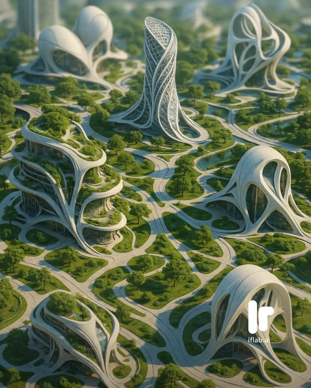 Futuristic eco-city with organic AI-designed architecture and lush green landscape