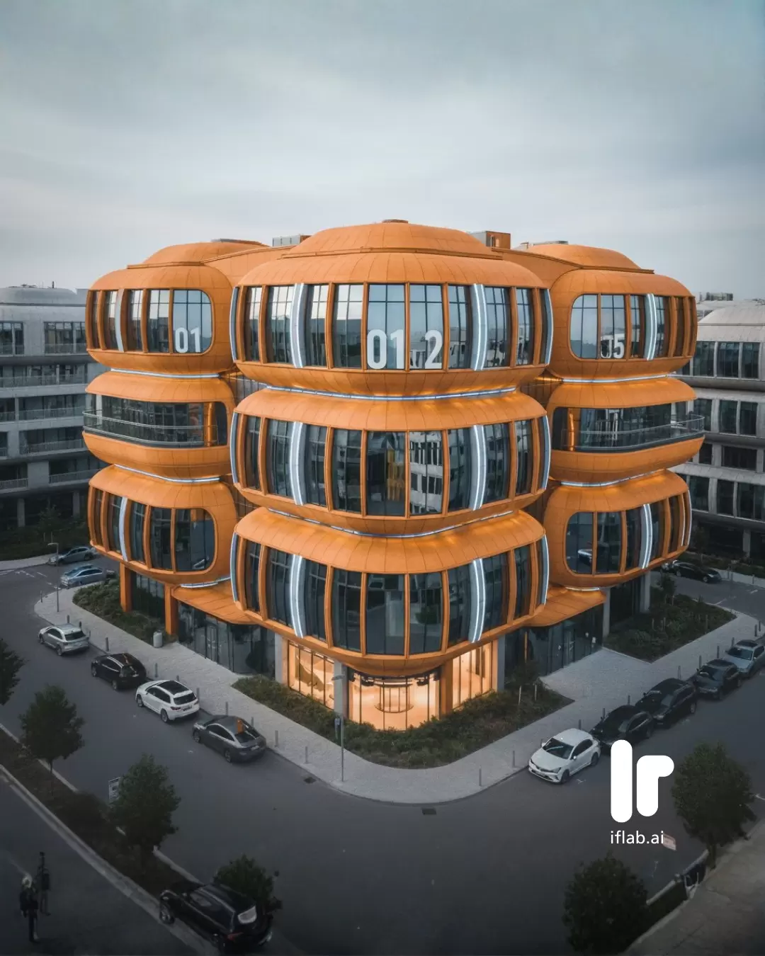 Tomorrow’s Cities Through Orbital Thinking by IF Lab AI Philippines Futuristic city of AURION featuring modular Space Age architecture with luminous orange domes and capsule-shaped structures rising above reflective surfaces.