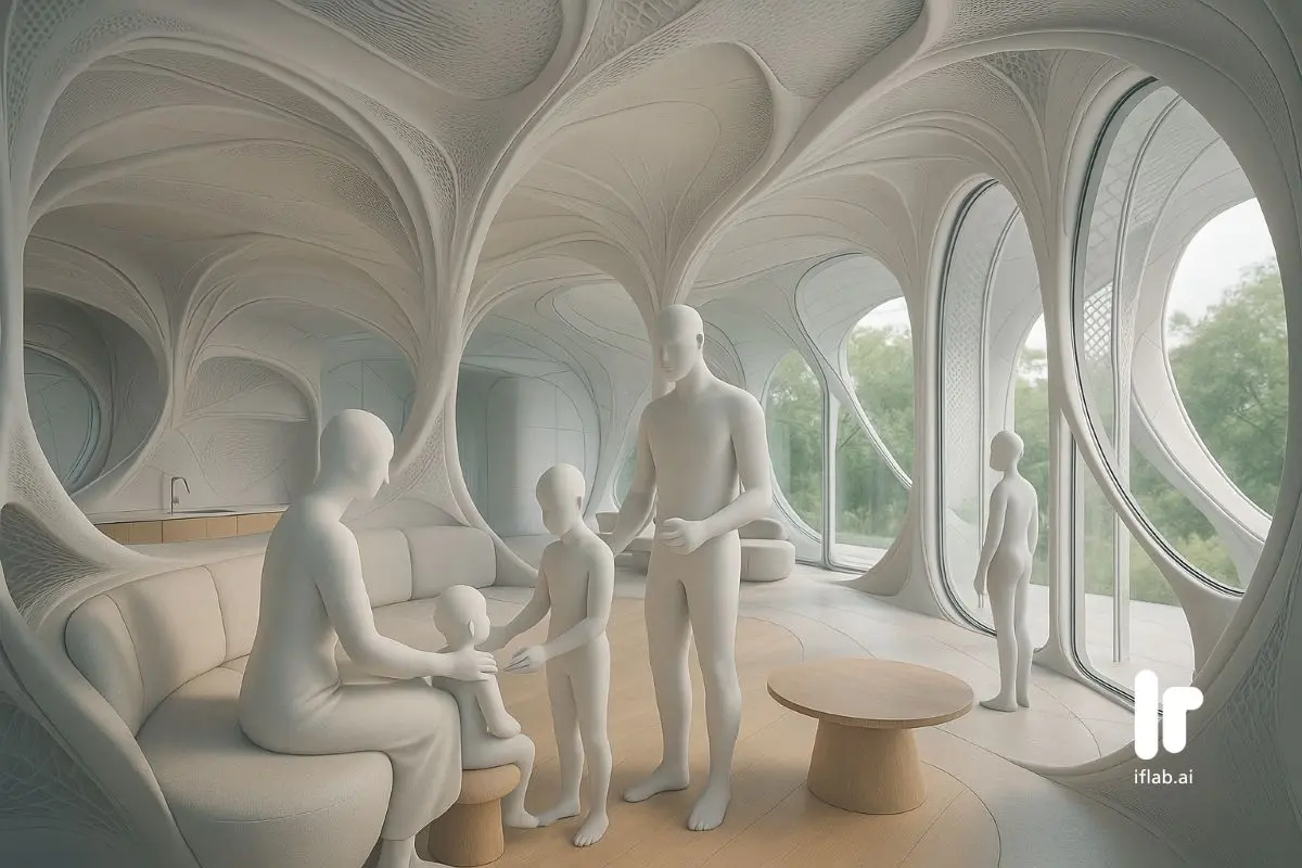 Computational Architecture in a Quiet Future Home by IF Lab AI Philippines A serene near future home that expresses emergent domesticity and computational architecture through organic structural ribs, adaptive openings, sculptural humanoid figures, and a calm living environment shaped by intelligent material behavior and soft natural light