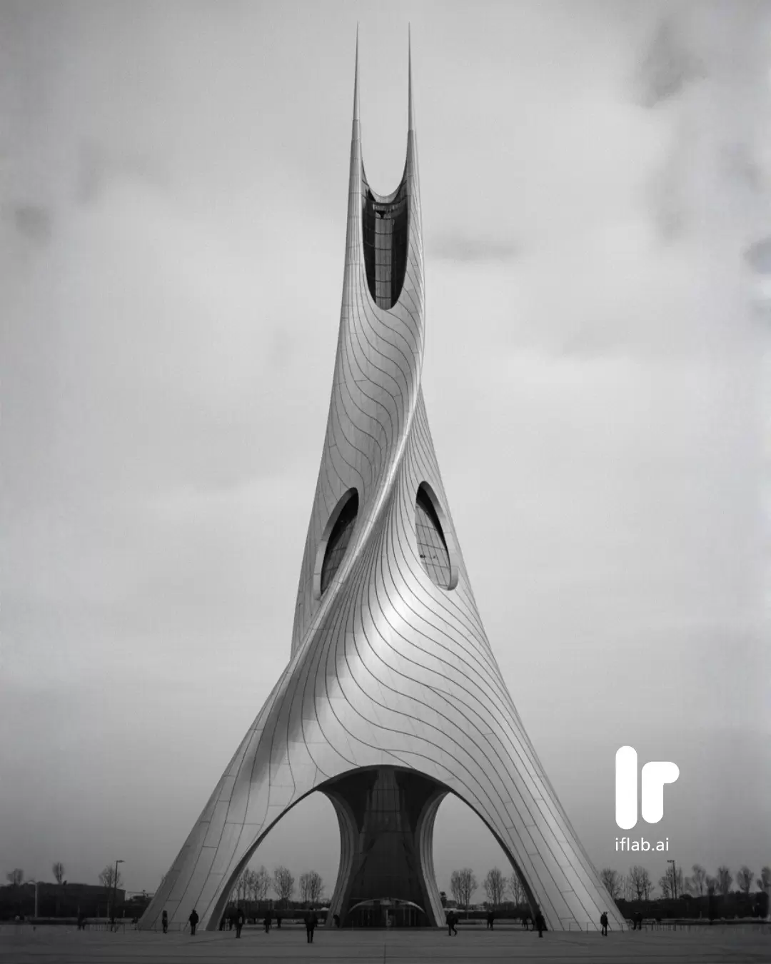 The Rise of Synthetic Futurism by IF Lab AI Philippines Futuristic architectural tower with sweeping metallic curves and twin spires symbolizing the fusion of technology and imagination in a new age of design